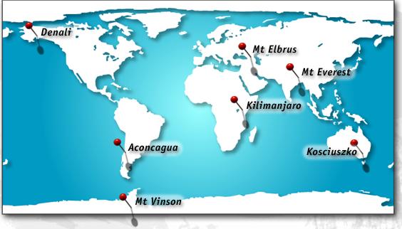 World Map showing the seven summits